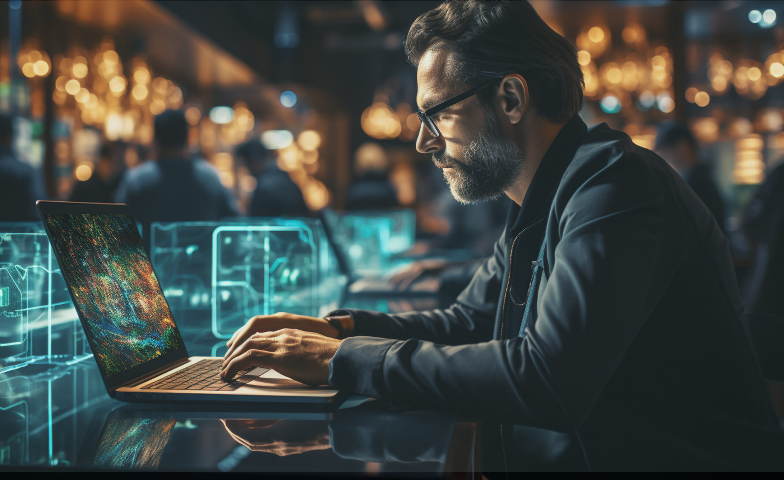Man typing on a laptop in a busy urban setting