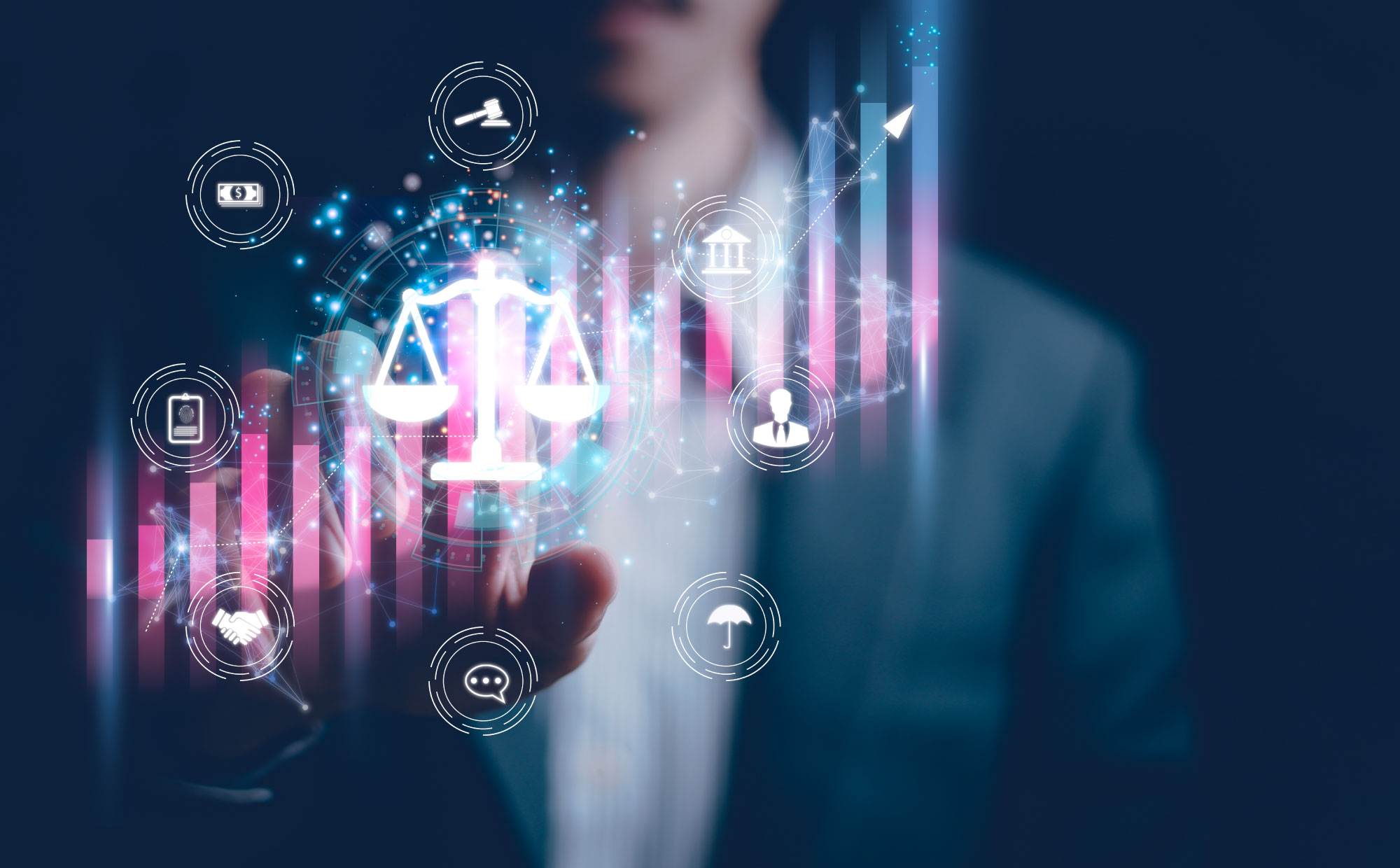 Torso of man touching digital screen with a balance icon and other government icons