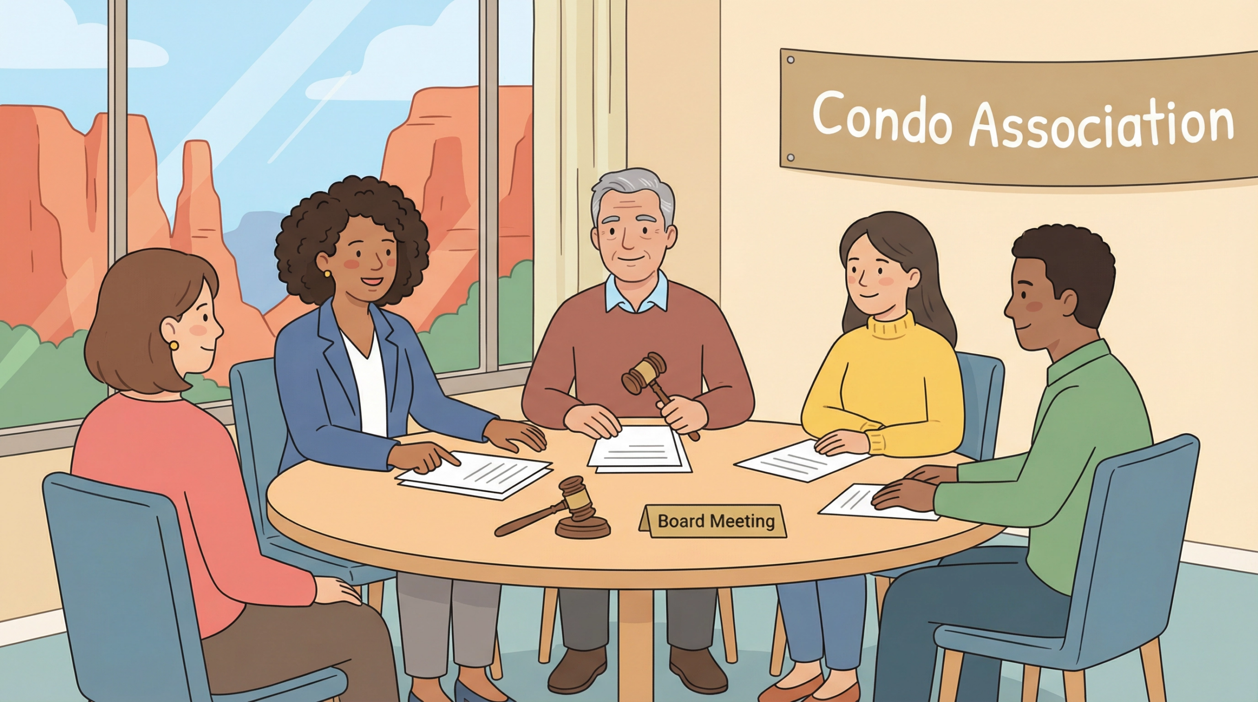 A cartoon-style illustration depicting five adults of diverse backgrounds seated around a round wooden table. The person at the center, an older man with gray hair wearing a rust-colored sweater, holds a gavel and appears to be presiding over the meeting. To his left sit two women — one with shoulder-length brown hair wearing a pink top, and one with curly dark hair wearing a blue blazer. To his right sit a woman with straight dark hair wearing a yellow turtleneck and a man in a green shirt. Documents are placed in front of each participant. A nameplate on the table reads "Board Meeting," and a gavel also rests on the table surface. A banner on the wall in the upper right reads "Condo Association." A large window in the background reveals a scenic red rock canyon landscape under a blue sky.