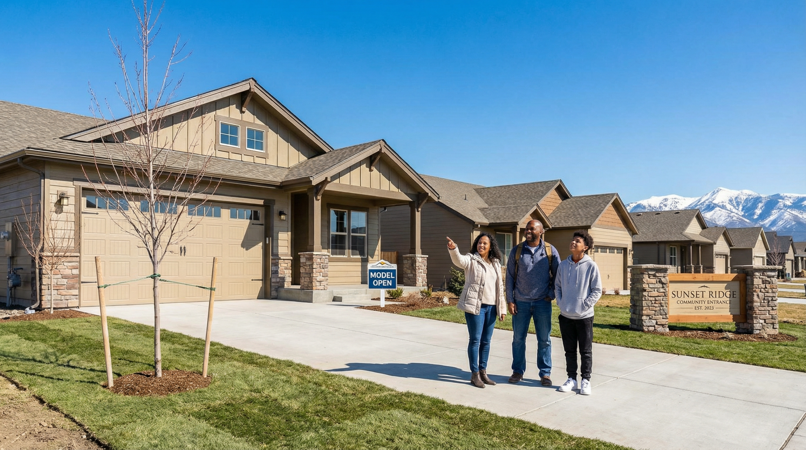 Image of a family standing in the driveway of a model home within an HOA