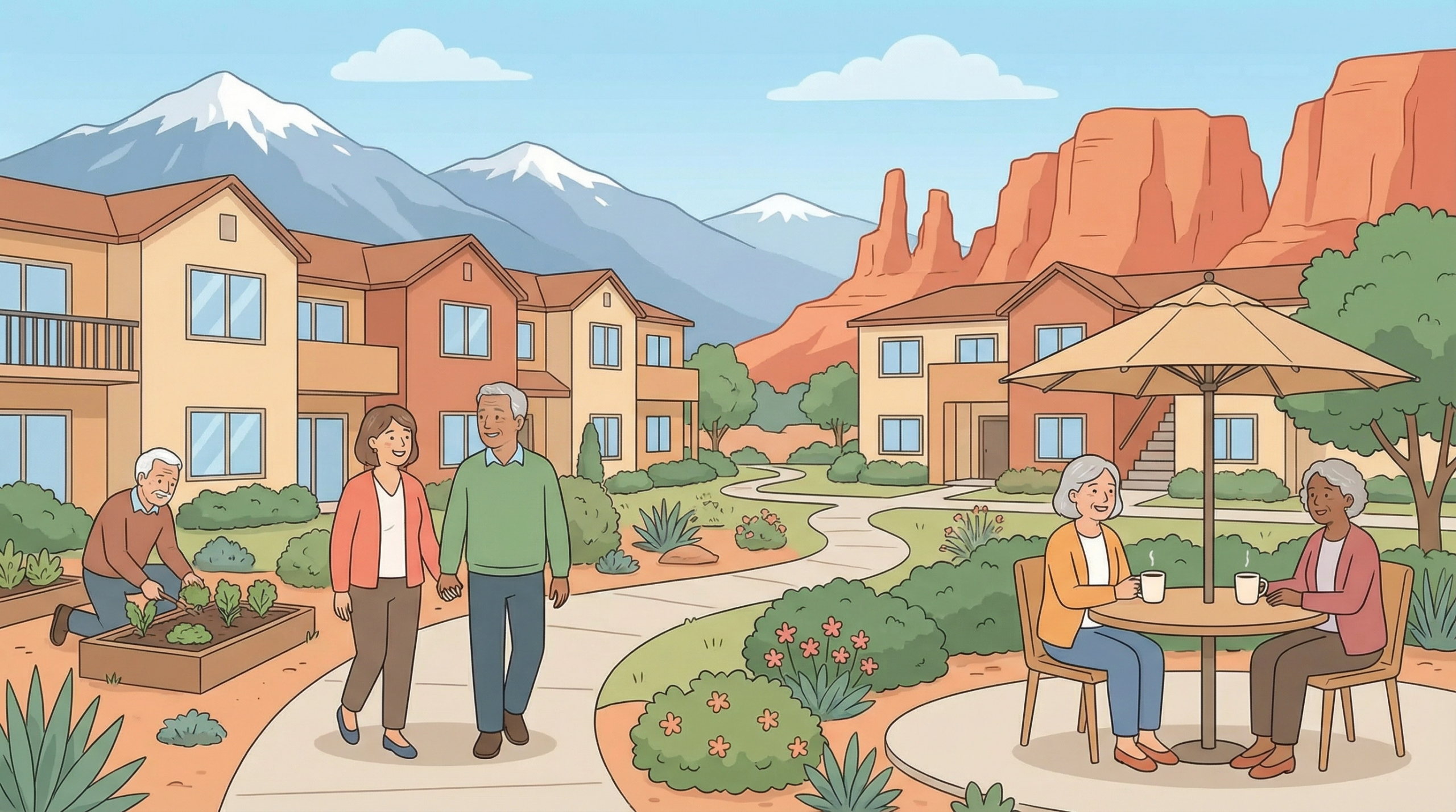 A cartoon-style illustration of a residential HOA community set against a Utah landscape with red rock formations and snow-capped mountains in the background. In the foreground, five older adults engage in community activities: one man kneels beside a raised garden bed tending plants on the left; a middle-aged couple walks hand-in-hand along a winding pathway in the center; and two women with gray hair sit across from each other at an outdoor patio table under a large umbrella, each holding a steaming mug of coffee or tea on the right. The community features several two-story tan and terracotta-colored residential buildings surrounded by green shrubs, flowering plants, agave, and trees under a clear blue sky.