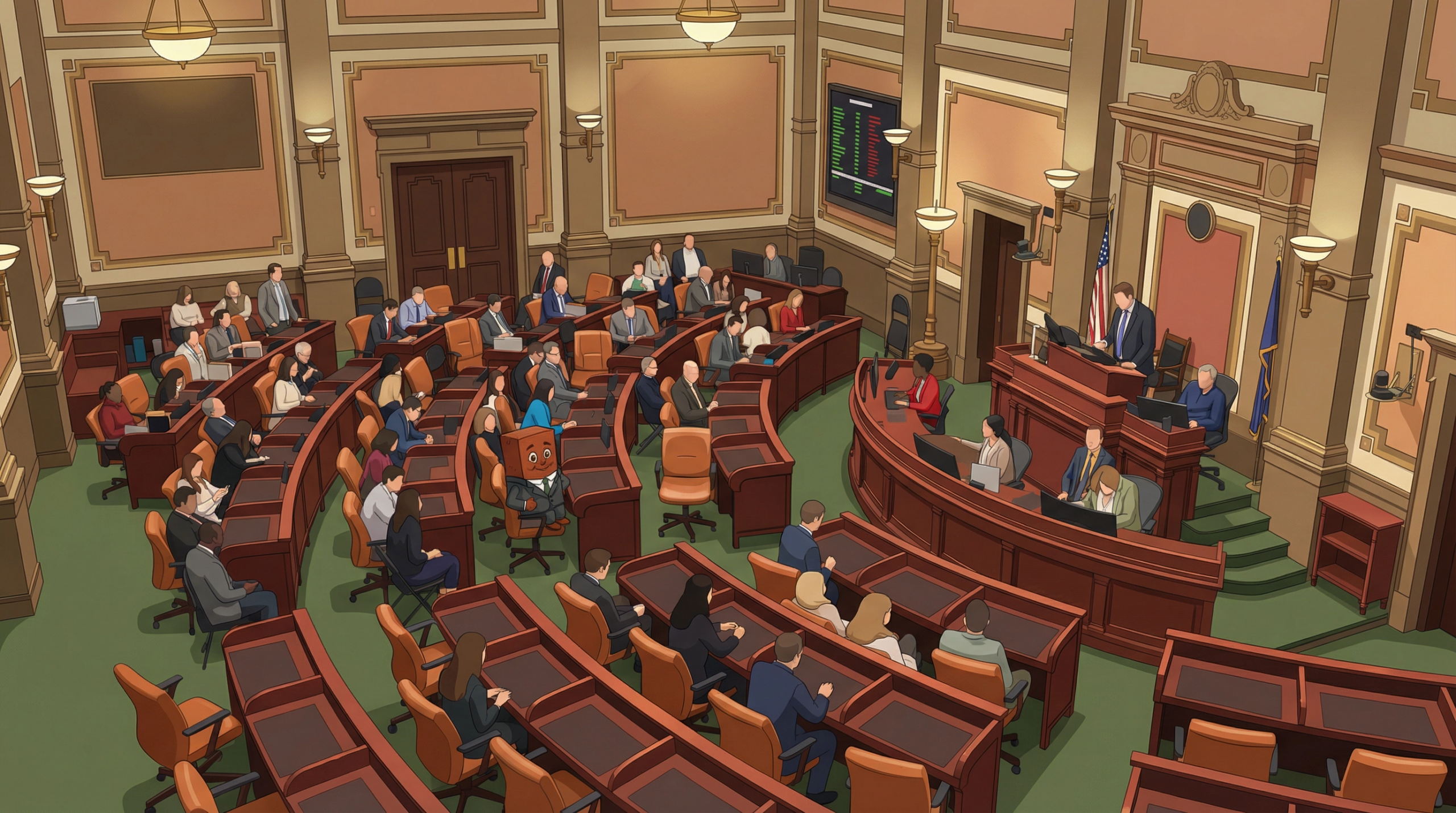 Illustrated view of a formal legislative chamber from an elevated angle. Curved rows of wood desks and tan chairs face a raised front dais where several officials are seated and one person stands speaking. Additional people are seated throughout the chamber, suggesting an active meeting or session. The room features tall paneled walls, decorative columns, large doors, wall-mounted lights, flags near the dais, and green flooring. As a subtle visual detail, a small brick-shaped mascot wearing a gray suit and green tie is seated in one otherwise empty chair among the desks.