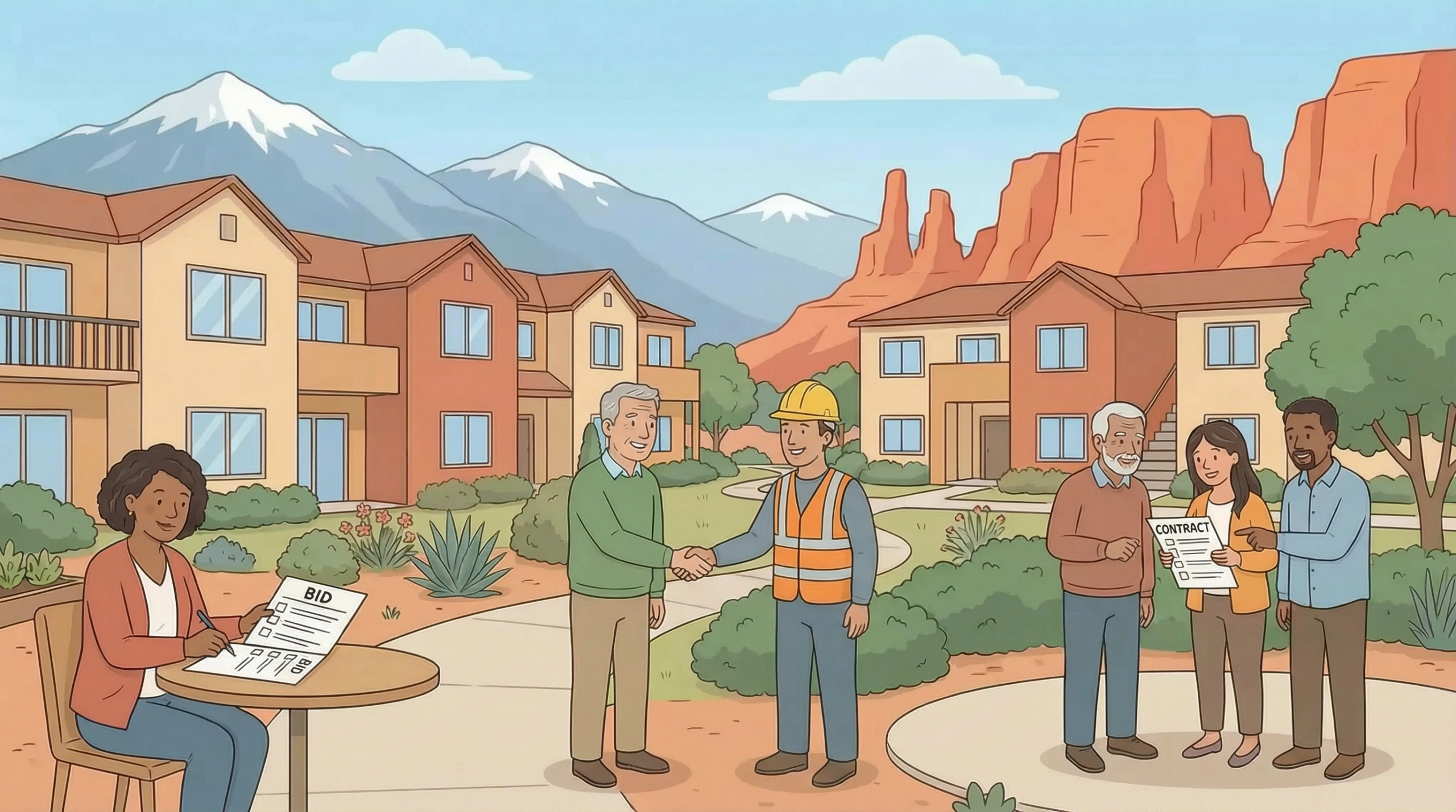 A cartoon-style illustration of a diverse group of people engaged in HOA-related contracting activities outside a residential community in Utah. On the left, a Black woman sits at a small round table reviewing and signing a document labeled "BID." In the center, an older white man in a green sweater shakes hands with a smiling contractor wearing an orange safety vest and yellow hard hat. On the right, three people — an older man with gray hair, a young Asian woman, and a Black man — review a document labeled "CONTRACT." Behind them stand several two-story townhomes surrounded by desert landscaping including agave plants and flowering shrubs. In the background, red rock formations and snow-capped mountains rise beneath a clear blue sky, suggesting a Utah setting.
