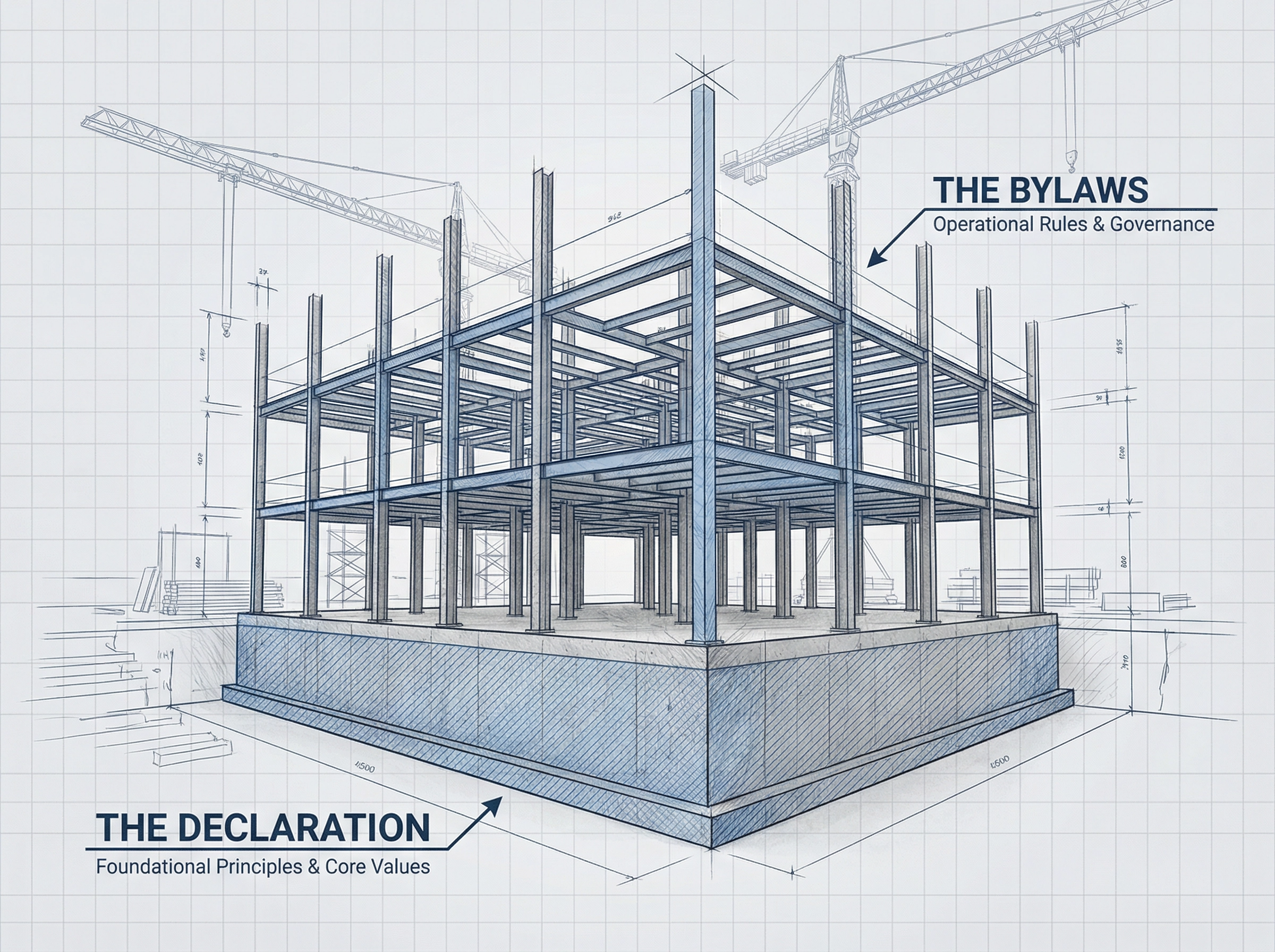 A pencil-sketch illustration rendered in blue tones on a grid-paper background, depicting a multi-story building under construction in isometric perspective. Two construction cranes appear in the background. The building consists of a thick concrete foundation slab supporting a multi-level steel structural frame with vertical columns and horizontal beams, but no walls or roof, representing a building in progress. An arrow points from the lower-left corner to the foundation slab, with the label "THE DECLARATION" in bold dark blue capital letters, followed by the subtitle "Foundational Principles & Core Values" in smaller text. A second arrow points from the upper-right area to the steel frame structure, with the label "THE BYLAWS" in bold dark blue capital letters, followed by the subtitle "Operational Rules & Governance" in smaller text. Architectural dimension lines and measurements appear along the edges of the building in blueprint style.
