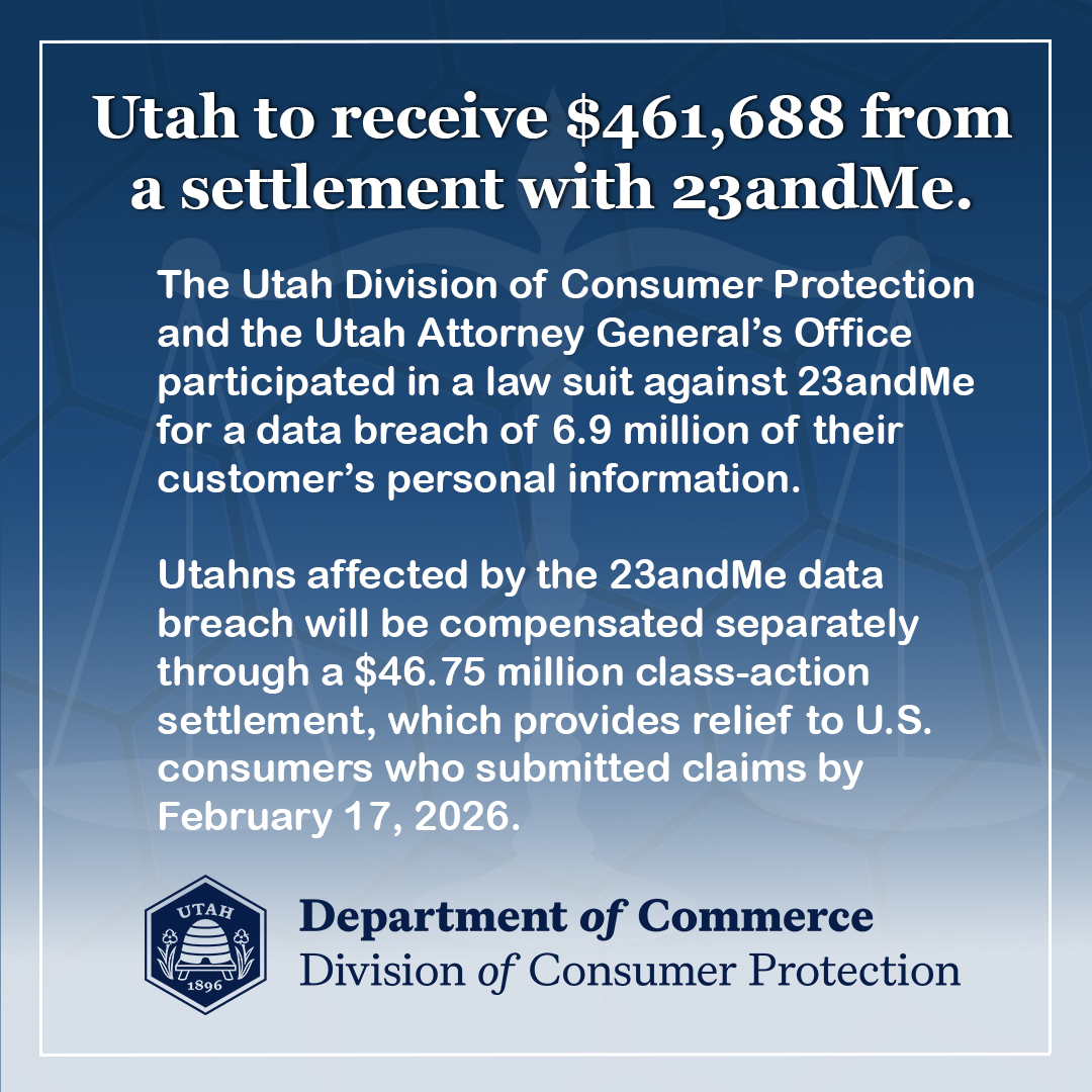 Featured image for โ$461,688 of a $18 million Multi-state Settlement in 23andMe Bankruptcy to Come to Utahโ