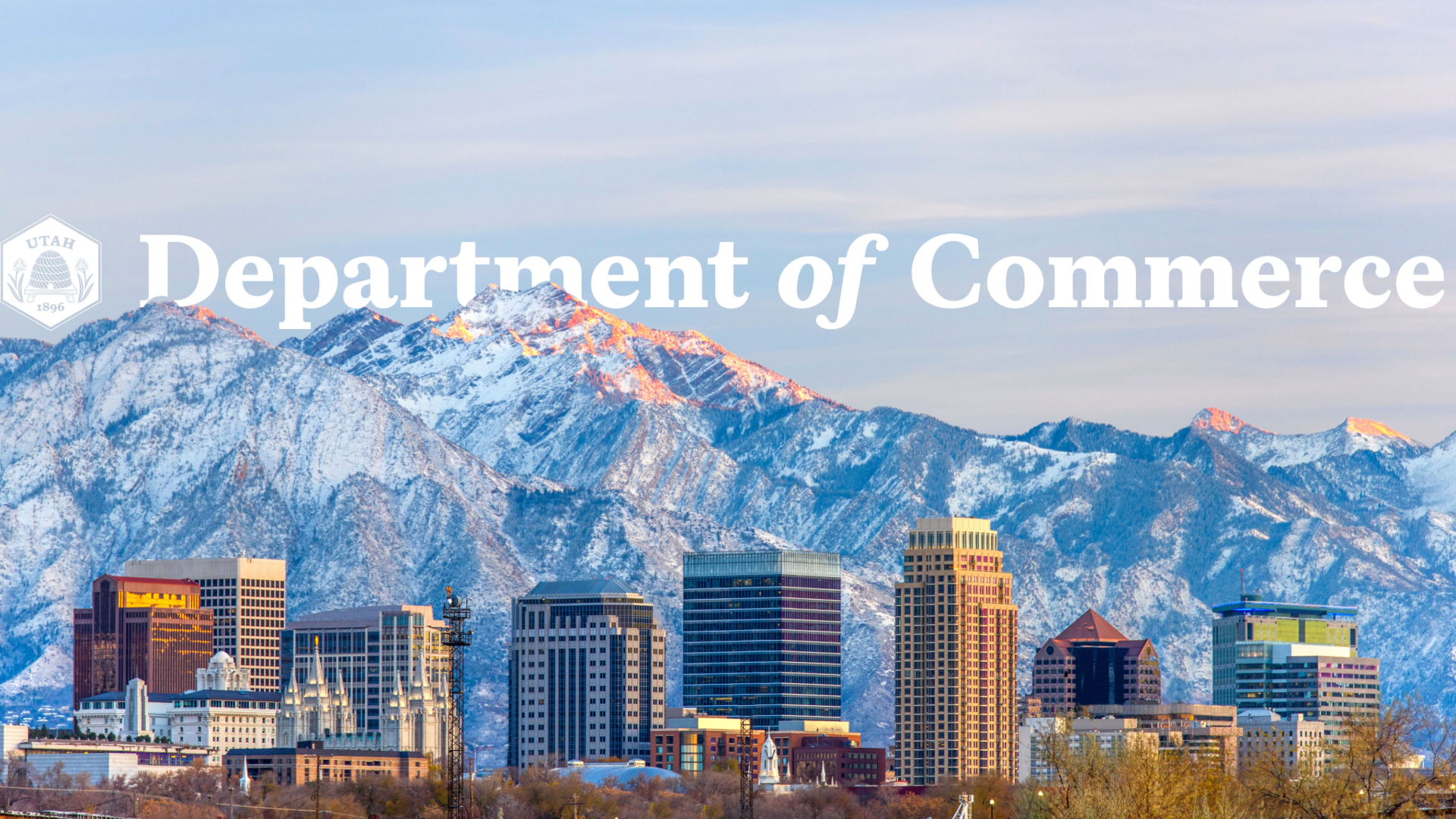 Virtual Meeting Background of Downtown Salt Lake with Snowcapped mountains and the department logo superimposed